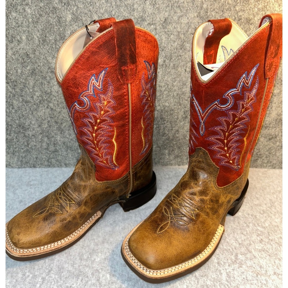 Old West BSC1959 Kids 1.5 D Leather Brown Red Square Toe Cowboy Boots NIB - Picture 3 of 6